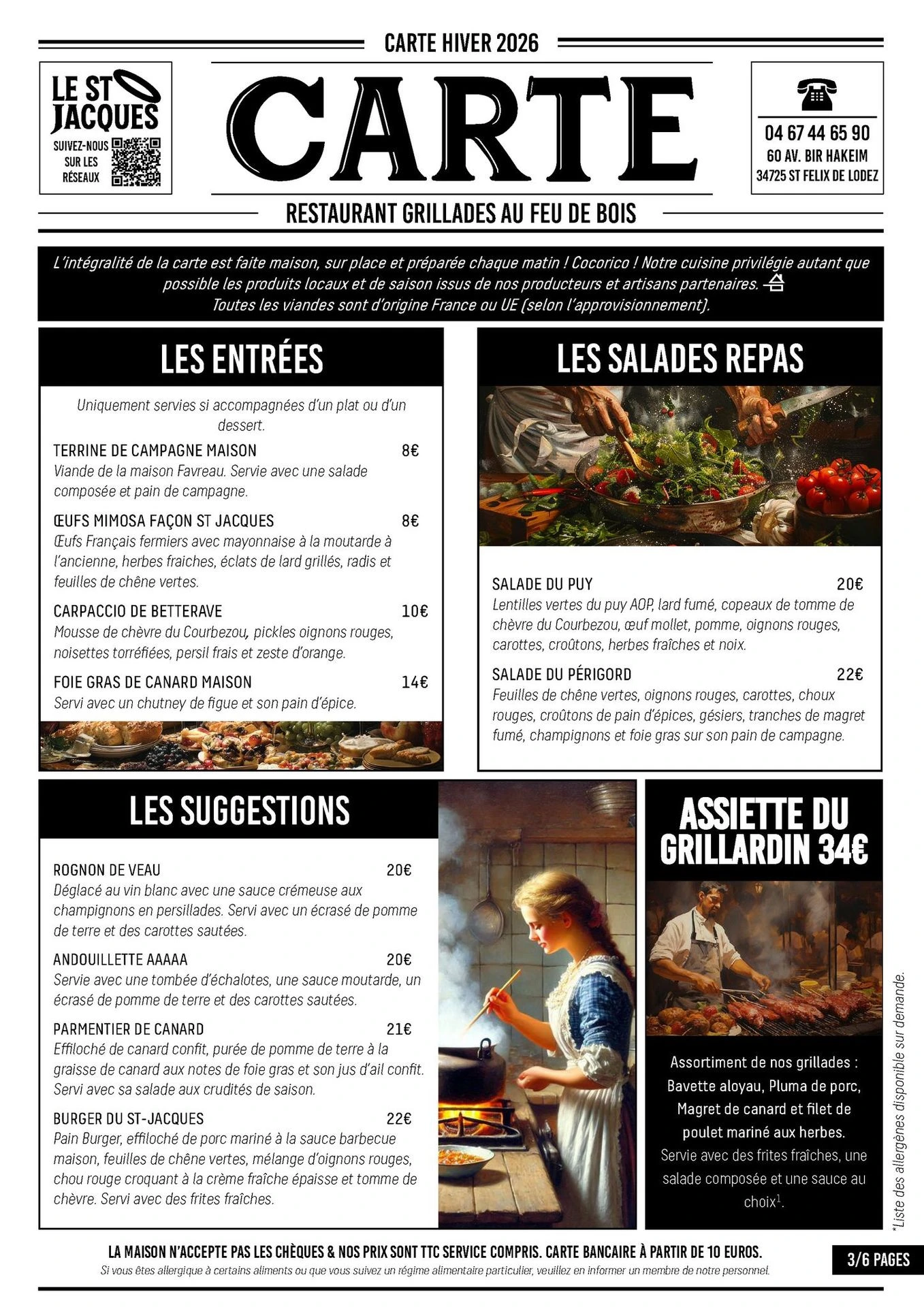 Carte du restaurant Le Saint-Jacques : Grillades, Entrées maison et Desserts artisanaux